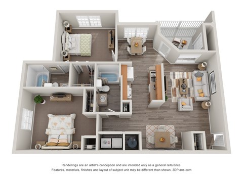 A 3D floor plan of a house with a living room, kitchen, and two bedrooms.